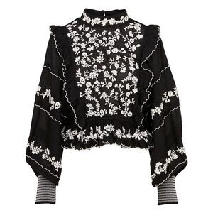 Farm Rio Women's Black White Embroidered Ruffle Long Sleeve Blouse Small NWOT
